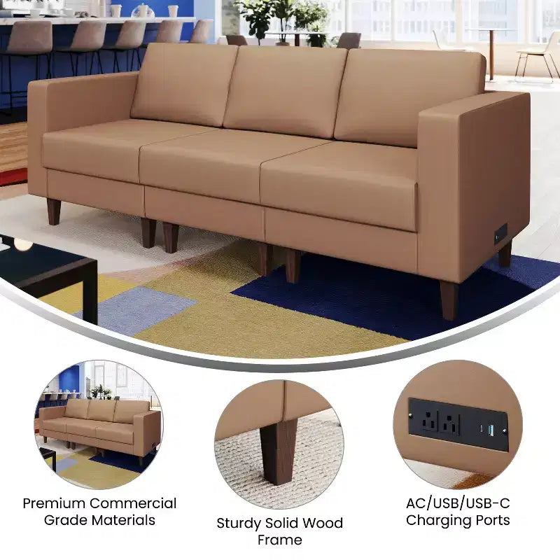 Divano da reception HERCULES Artemis imbottito con 4 prese CA/2 porte USB/2 porte USB-C e gambe in legno di noce con piedini regolabili