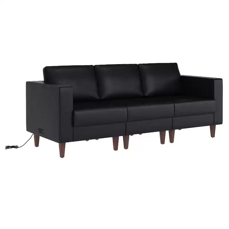 Divano da reception HERCULES Artemis imbottito con 4 prese CA/2 porte USB/2 porte USB-C e gambe in legno di noce con piedini regolabili
