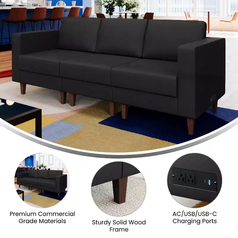 Divano da reception HERCULES Artemis imbottito con 4 prese CA/2 porte USB/2 porte USB-C e gambe in legno di noce con piedini regolabili