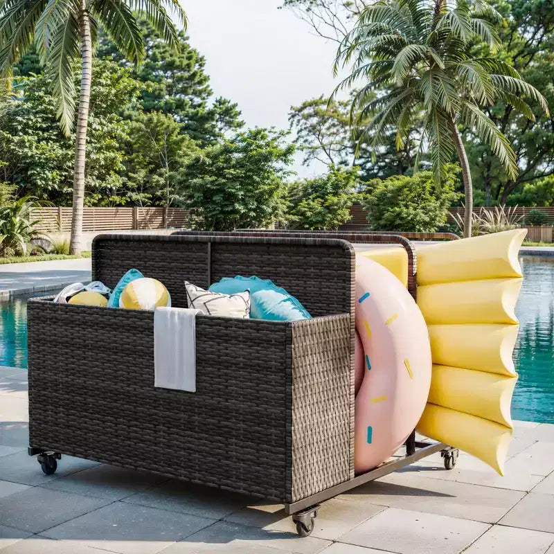 Organizzatore porta-oggetti galleggianti per piscina resistente, caddy in rattan PE a 2 scomparti, impermeabile e resistente ai raggi UV con braccioli