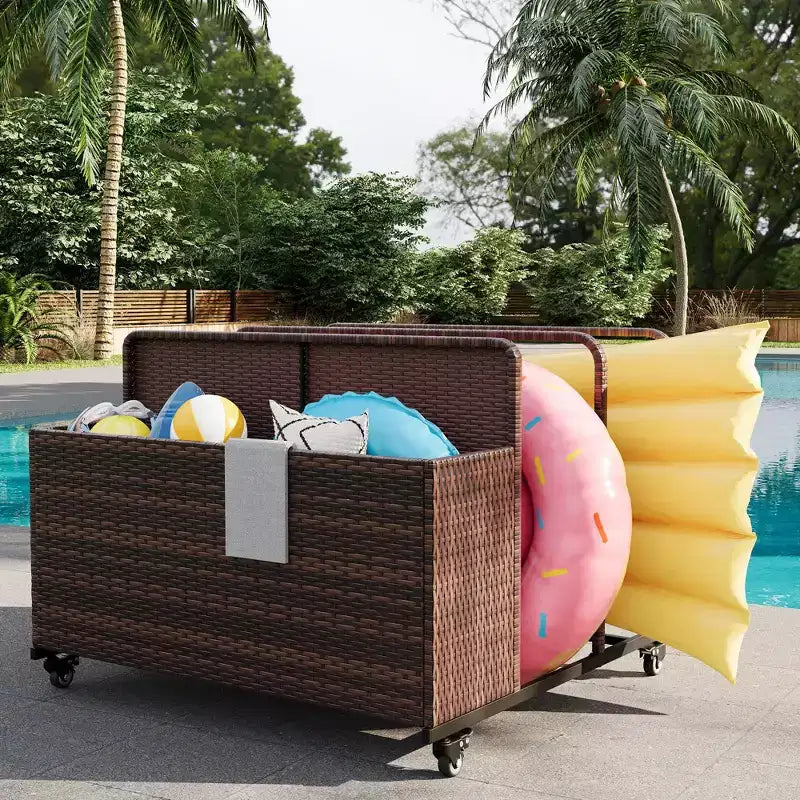 Organizzatore porta-oggetti galleggianti per piscina resistente, caddy in rattan PE a 2 scomparti, impermeabile e resistente ai raggi UV con braccioli