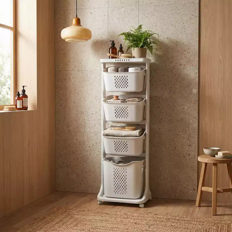 Cesto portabiancheria a 4 livelli su rotelle con cestelli rimovibili e ruote, Carrello organizer per lavanderia e bagno