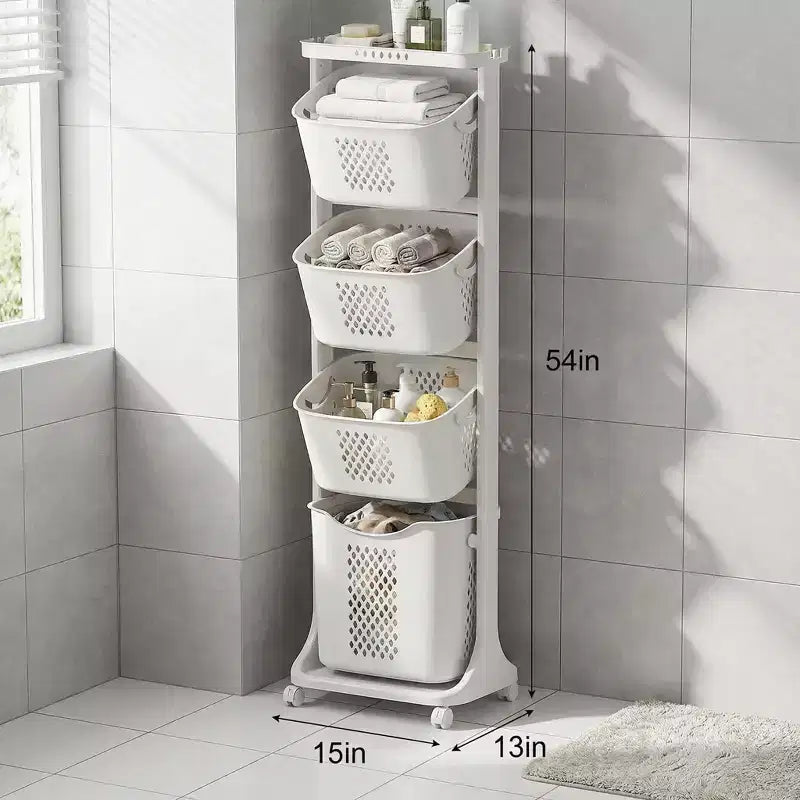 Cesto portabiancheria a 4 livelli su rotelle con cestelli rimovibili e ruote, Carrello organizer per lavanderia e bagno