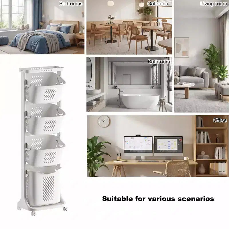 Cesto portabiancheria a 4 livelli su rotelle con cestelli rimovibili e ruote, Carrello organizer per lavanderia e bagno