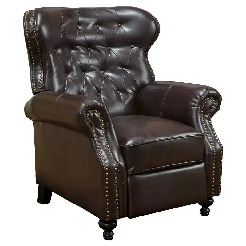 Poltrona reclinabile Walder in pelle rigenerata con schienale a pressione, marrone - Elegante schienale alato, struttura in legno massello