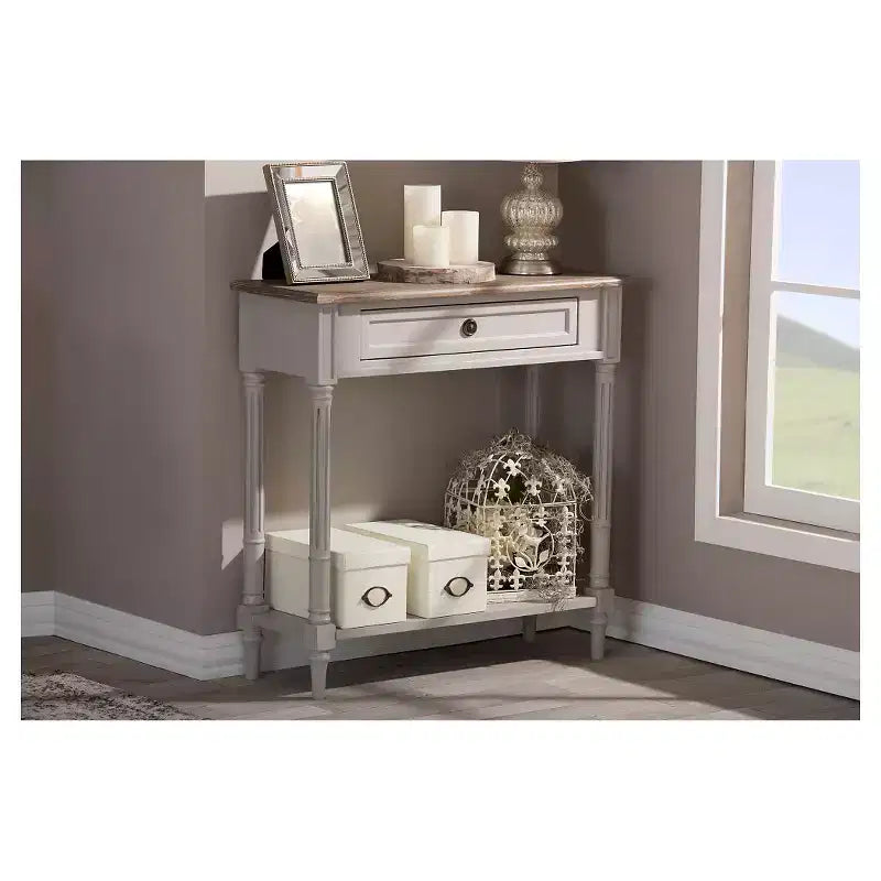 Consolle in stile provenzale Edouard con 1 cassetto - Bianco/Marrone chiaro - Mobile elegante per ingresso, Design sottile