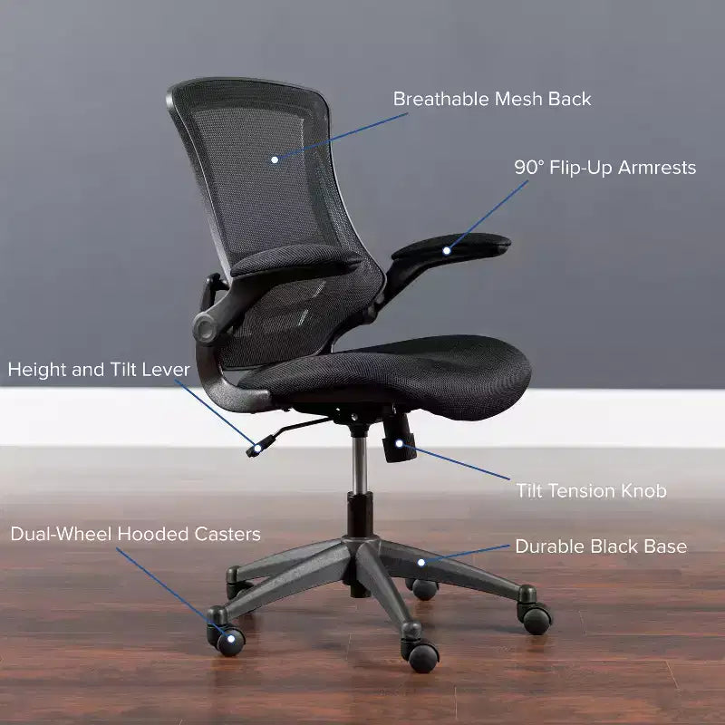 Sedia da ufficio ergonomica girevole in rete a schienale medio con braccioli ribaltabili